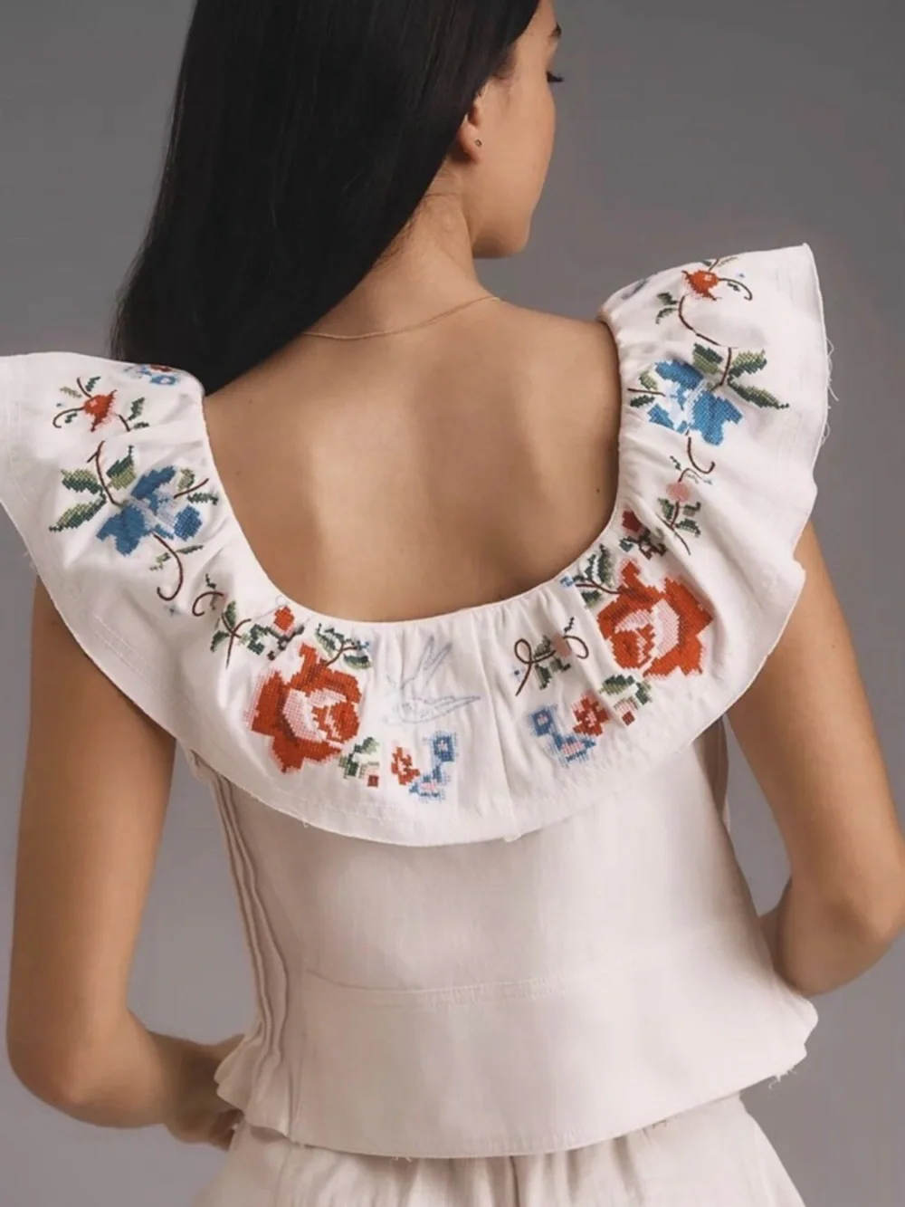 Anthropologie Pilcro Embroidered Blouse L Ivory Floral Boho Romantic Cottagecore - Picture 4 of 12